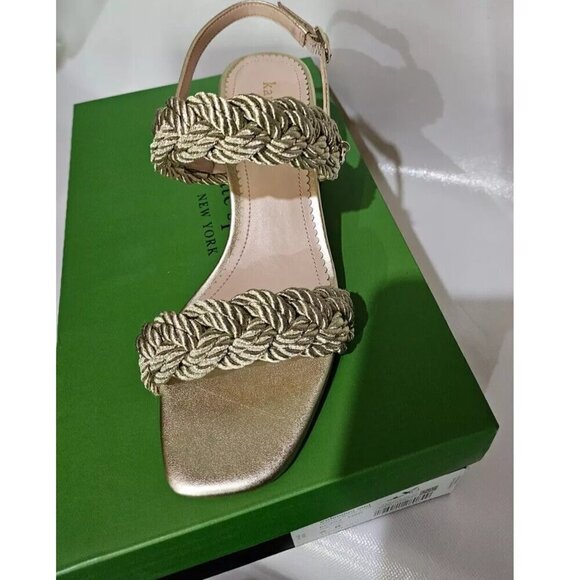 NWB Kate Spade Valentina Braided Strap Mid Heeled Sandals Pale Gold Size 6B - Picture 5 of 7